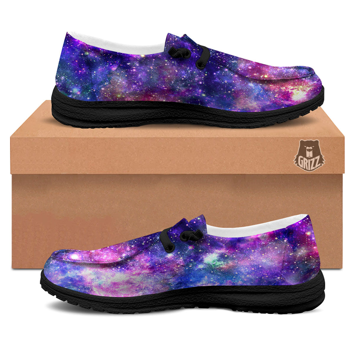 Space Blue Starfield Purple Galaxy Print Black Loafers-grizzshop