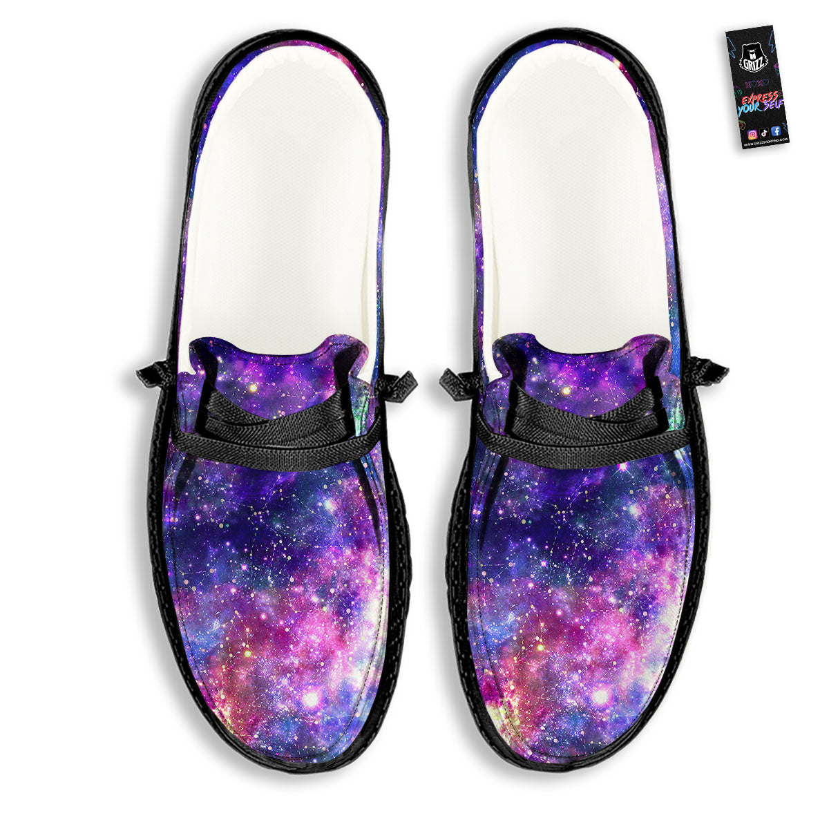 Space Blue Starfield Purple Galaxy Print Black Loafers-grizzshop
