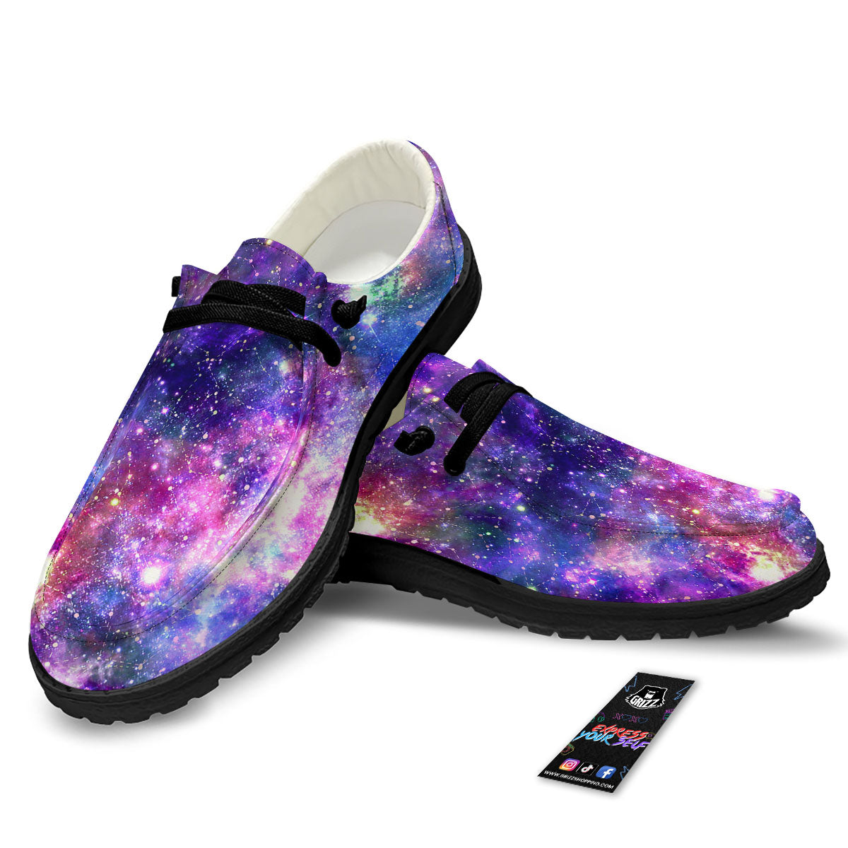 Space Blue Starfield Purple Galaxy Print Black Loafers-grizzshop