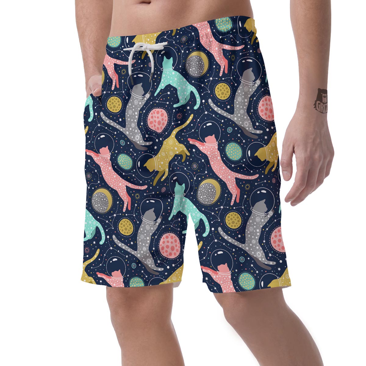 Space Cat Print Men's Shorts-grizzshop