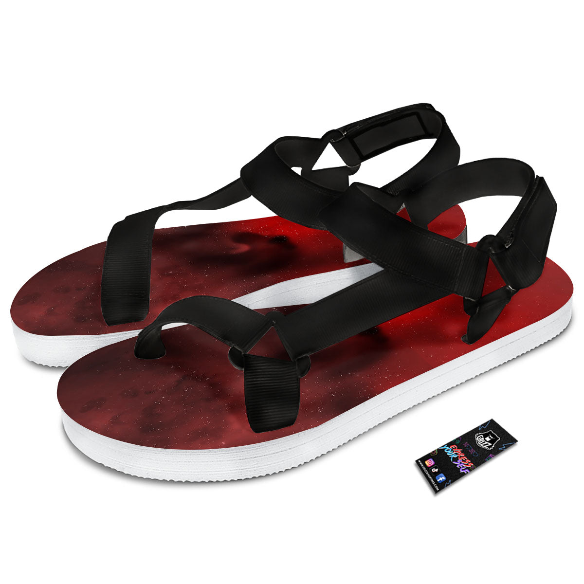 Space Cloud Red Galaxy Print Black Open Toe Sandals-grizzshop