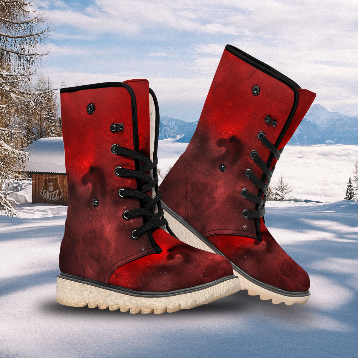 Space Cloud Red Galaxy Print Snow Boots-grizzshop
