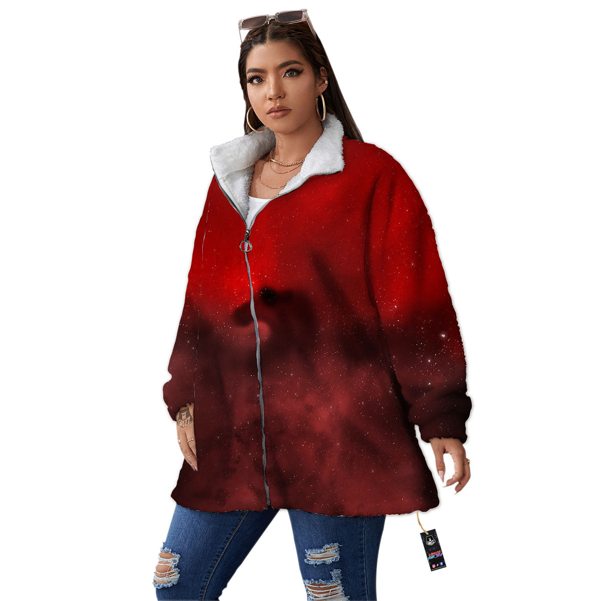 Space Cloud Red Galaxy Print Women's Sherpa Jacket-grizzshop