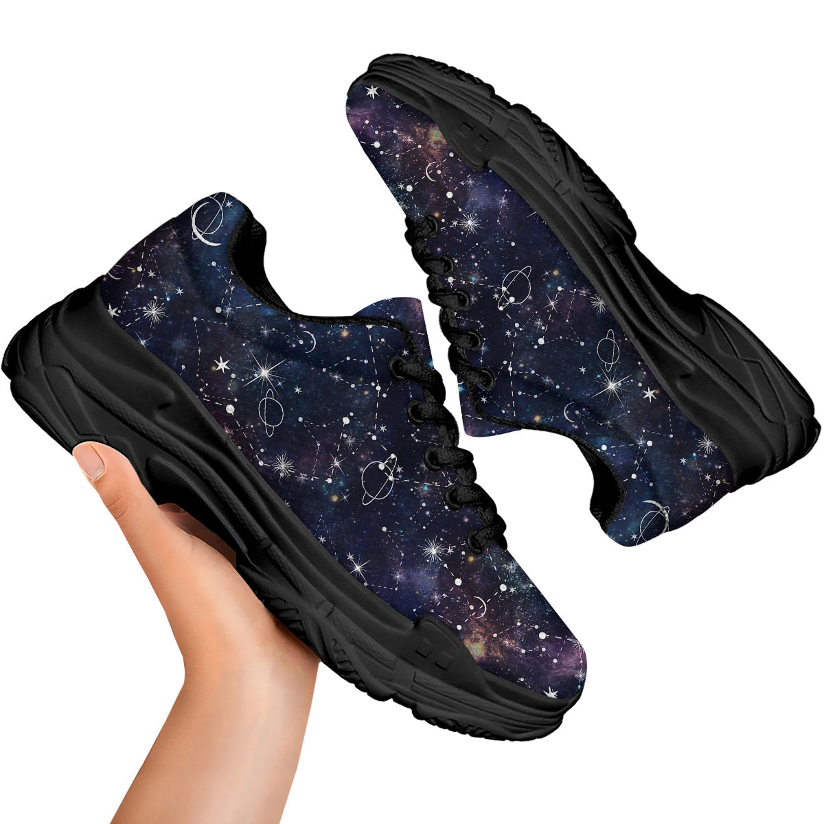 Space Constellation Galaxy Print Black Chunky Shoes-grizzshop