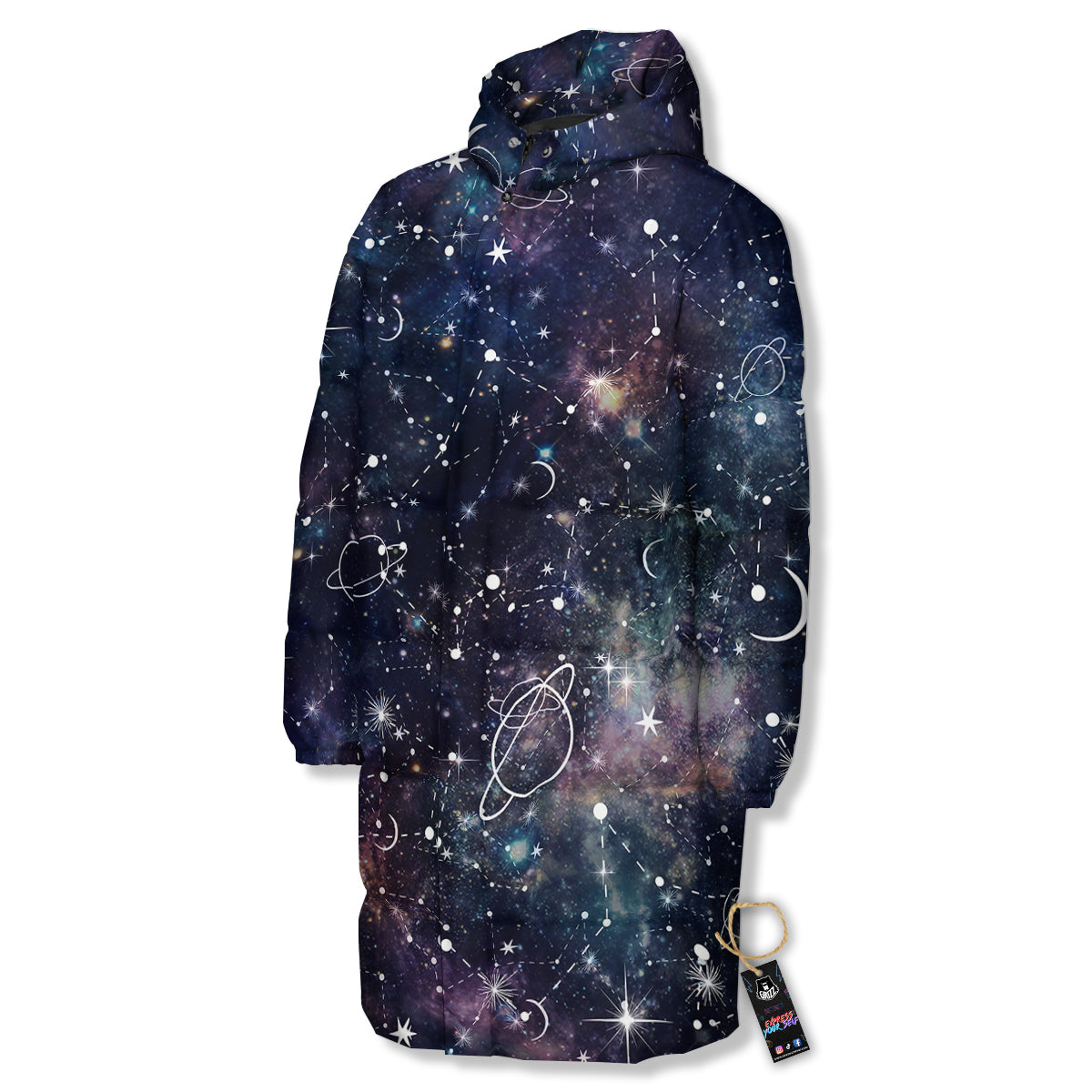 Space Constellation Galaxy Print Long Down Jacket-grizzshop
