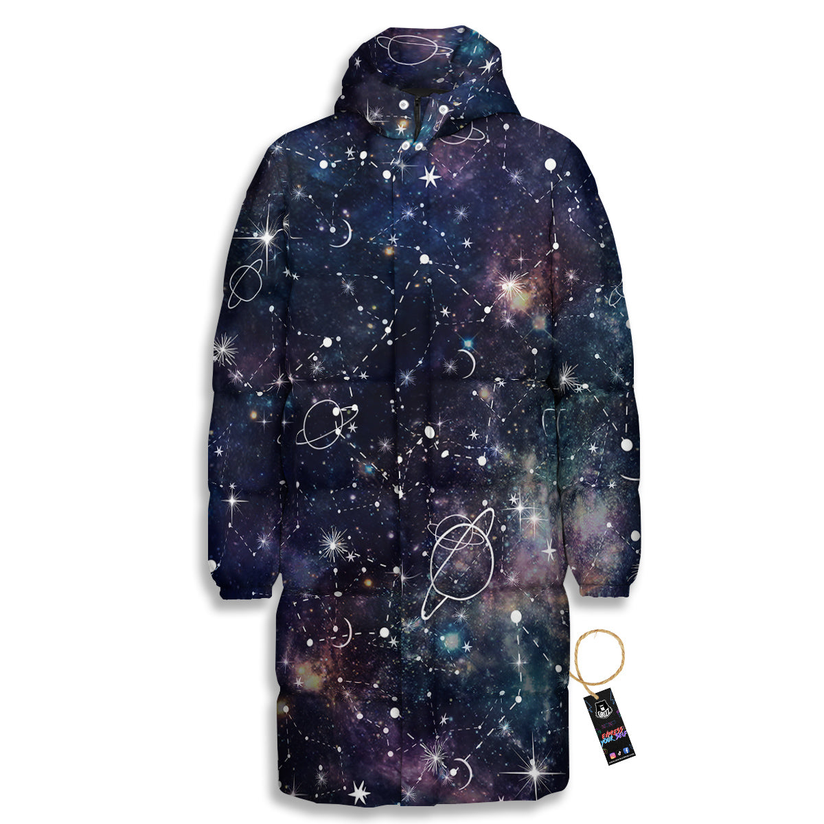 Space Constellation Galaxy Print Long Down Jacket-grizzshop