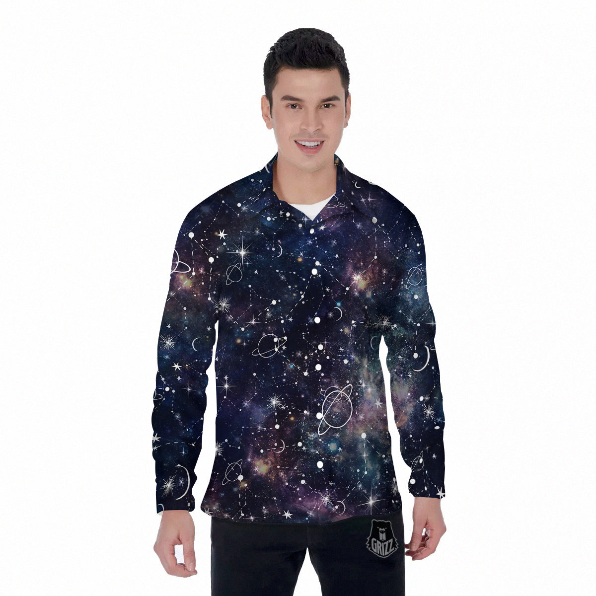 Space Constellation Galaxy Print Men's Long Sleeve Shirts-grizzshop