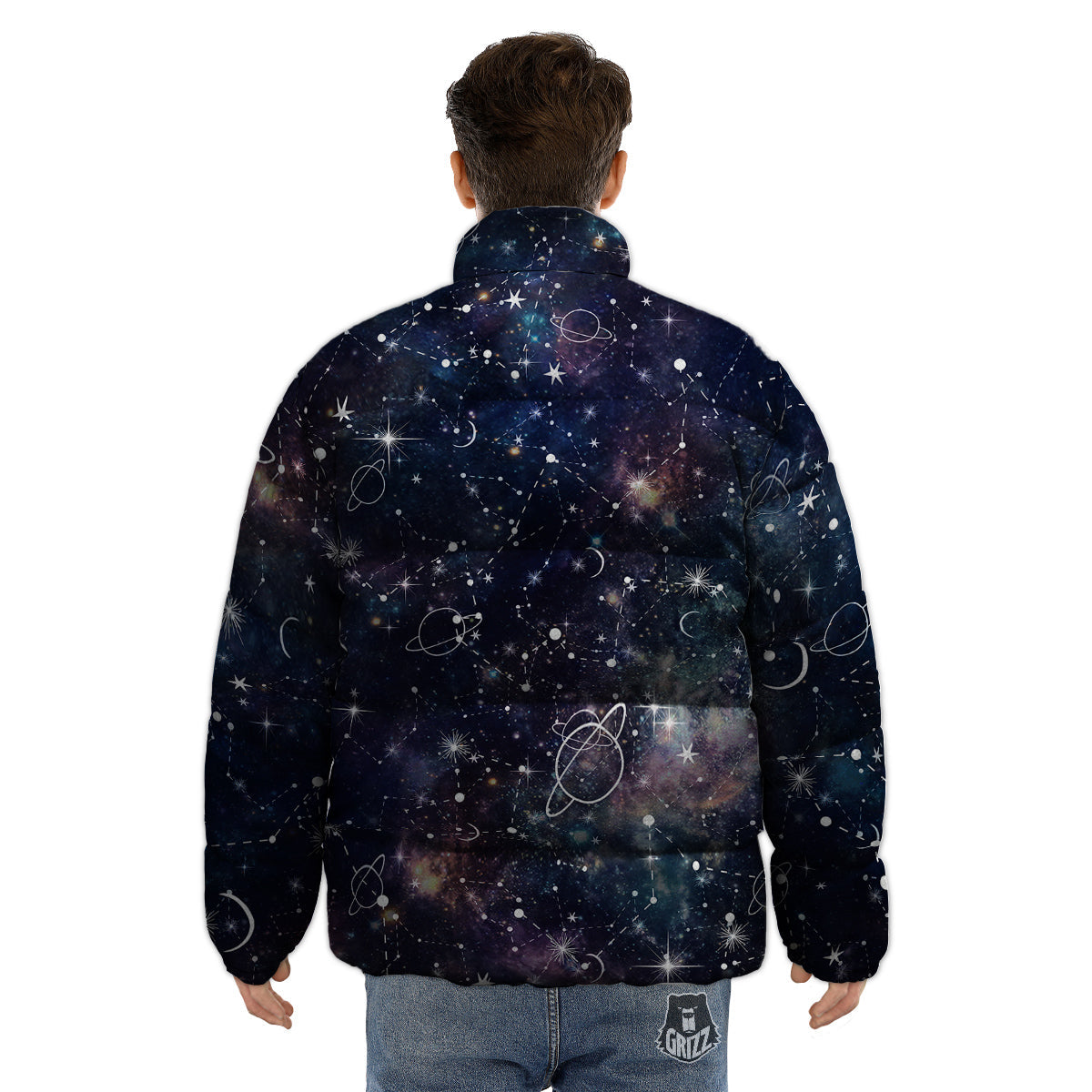Space Constellation Galaxy Print Puffer Jacket-grizzshop