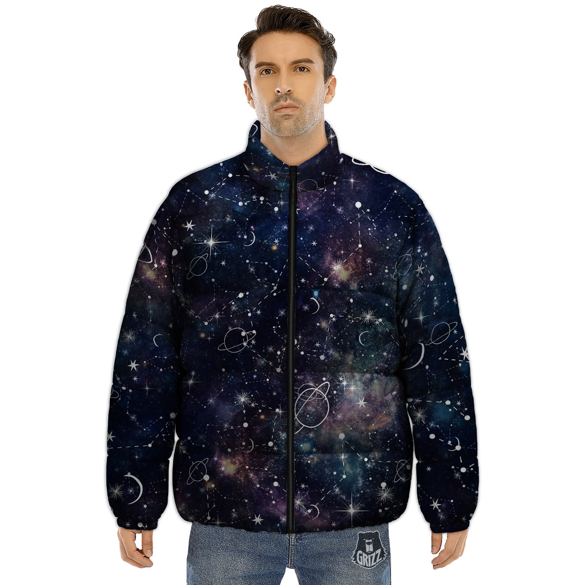 Space Constellation Galaxy Print Puffer Jacket-grizzshop