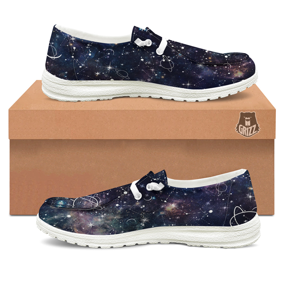 Space Constellation Galaxy Print White Loafers-grizzshop