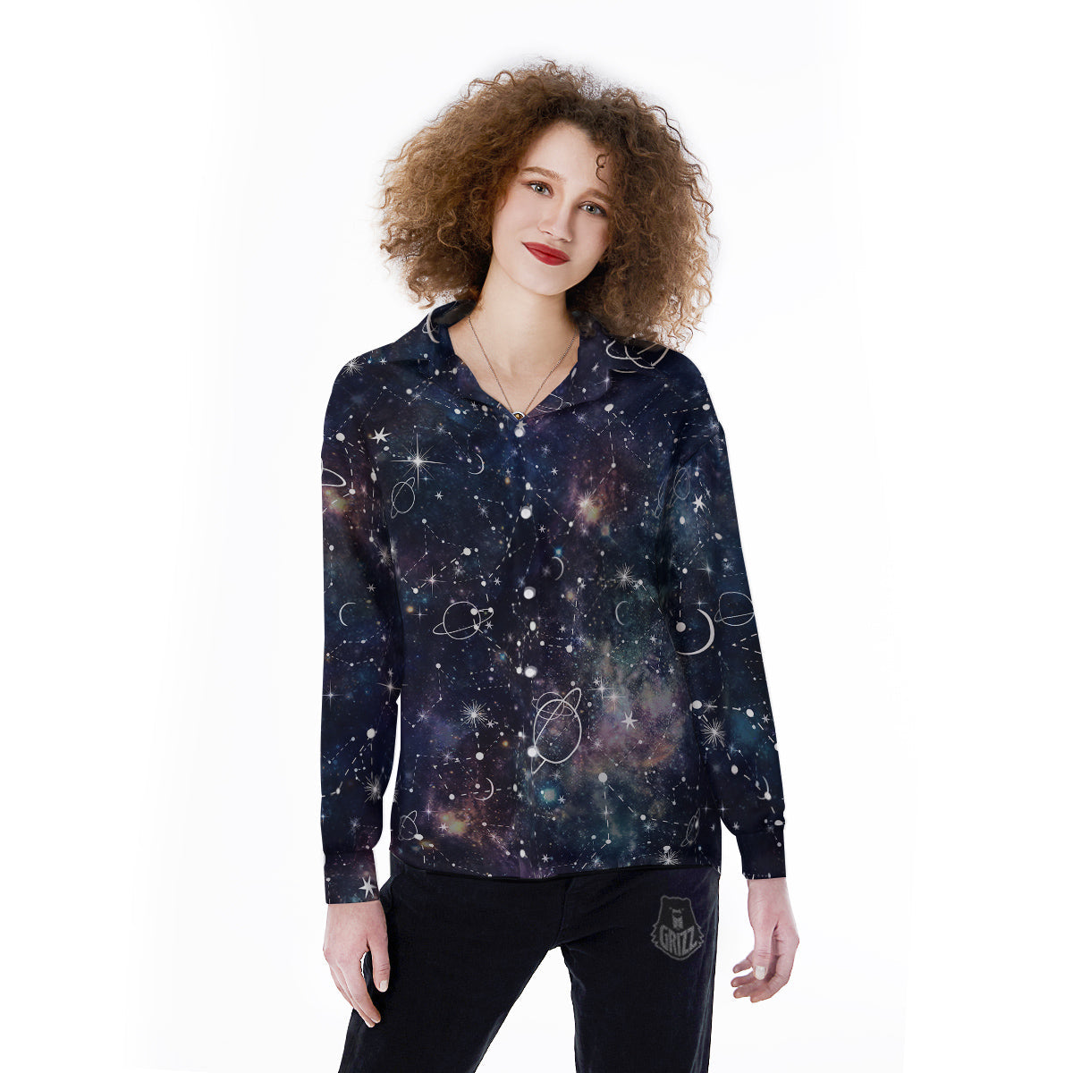 Space Constellation Galaxy Print Women's Long Sleeve Shirts-grizzshop