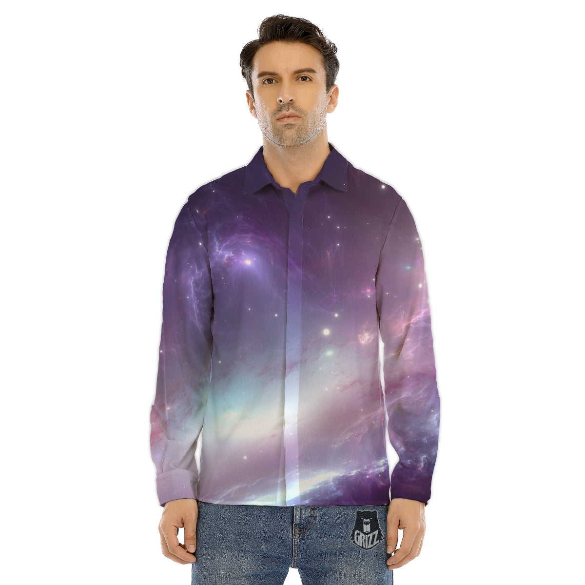 Space Cosmic Print Men's Dress Shirts-grizzshop