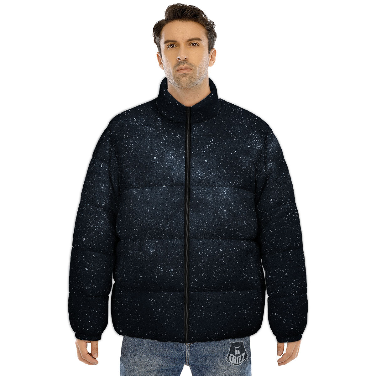 Space Dark Print Puffer Jacket-grizzshop