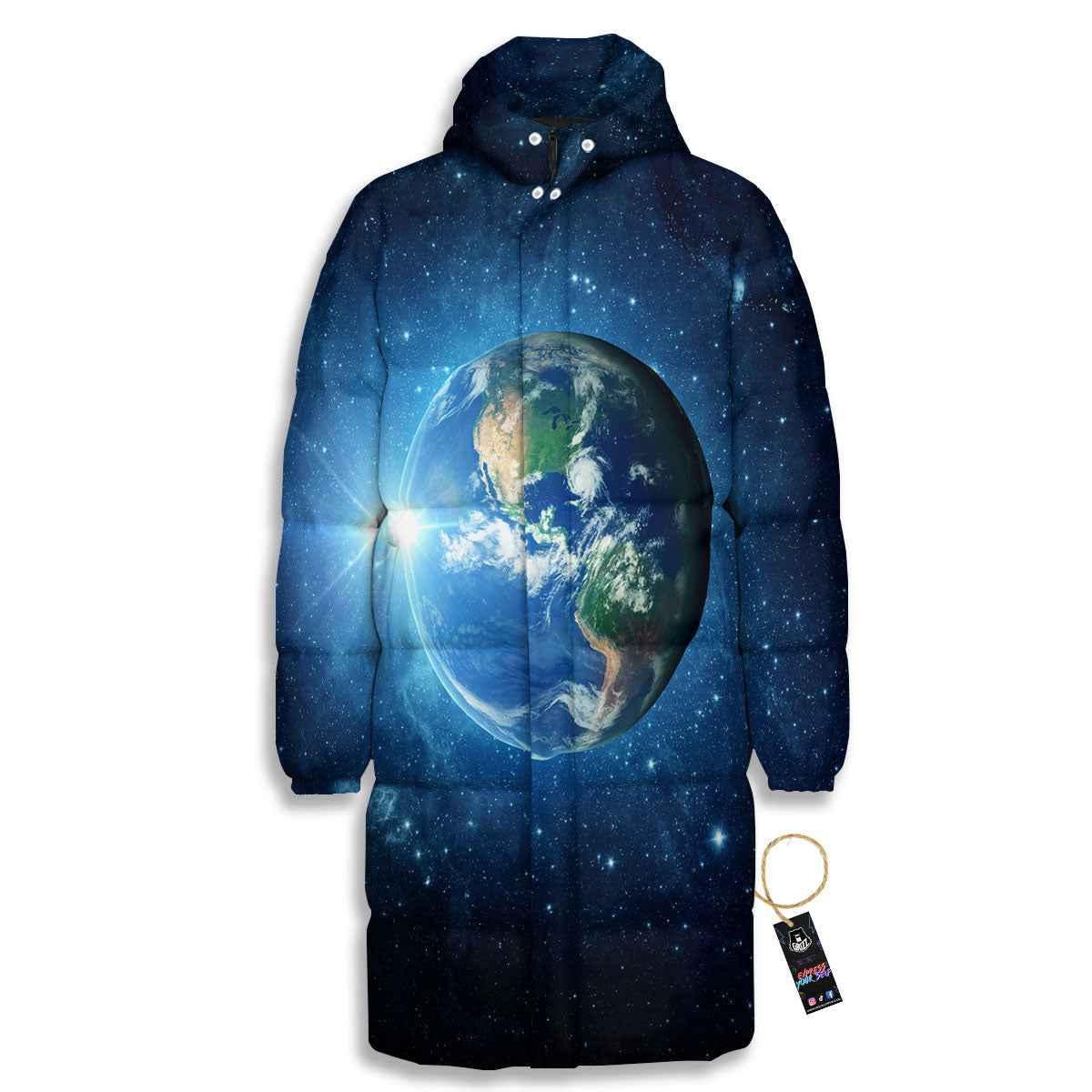 Space Earth Planet And Print Long Down Jacket-grizzshop
