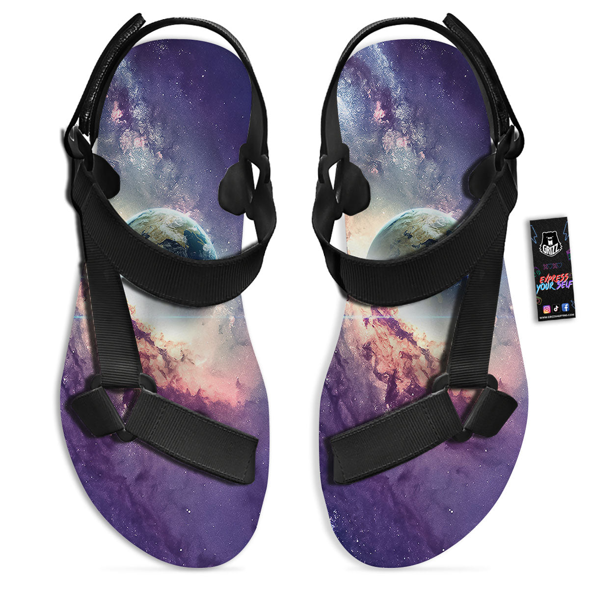 Space Endless Print Black Open Toe Sandals-grizzshop