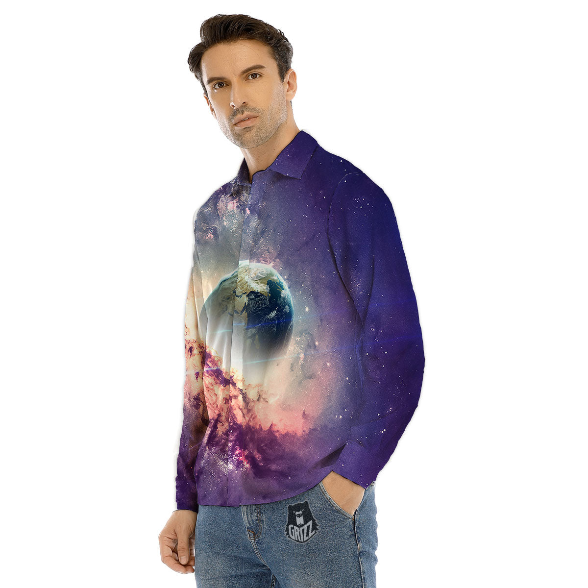 Space Endless Print Men's Dress Shirts-grizzshop
