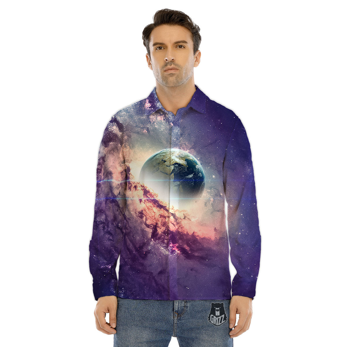 Space Endless Print Men's Dress Shirts-grizzshop