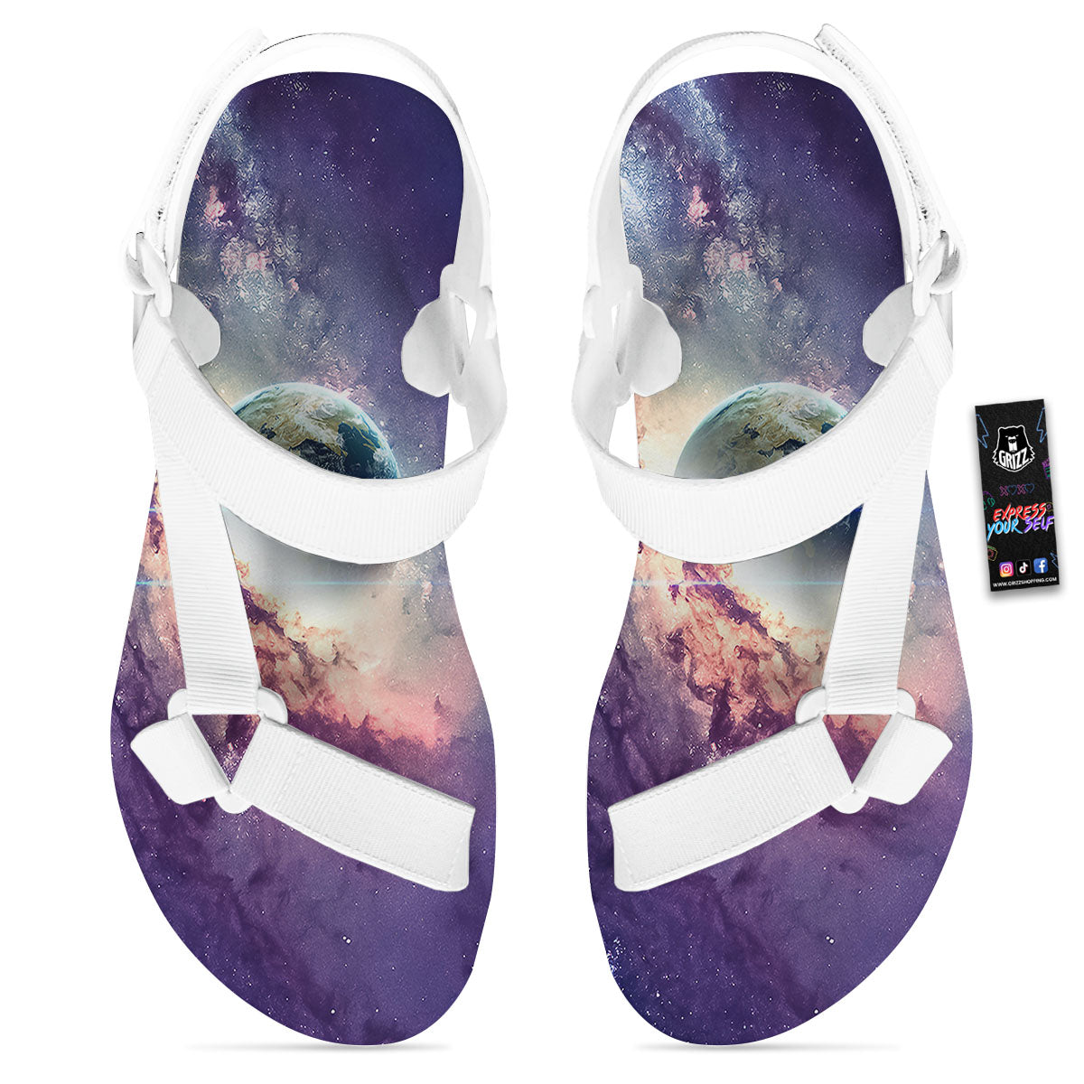 Space Endless Print White Open Toe Sandals-grizzshop