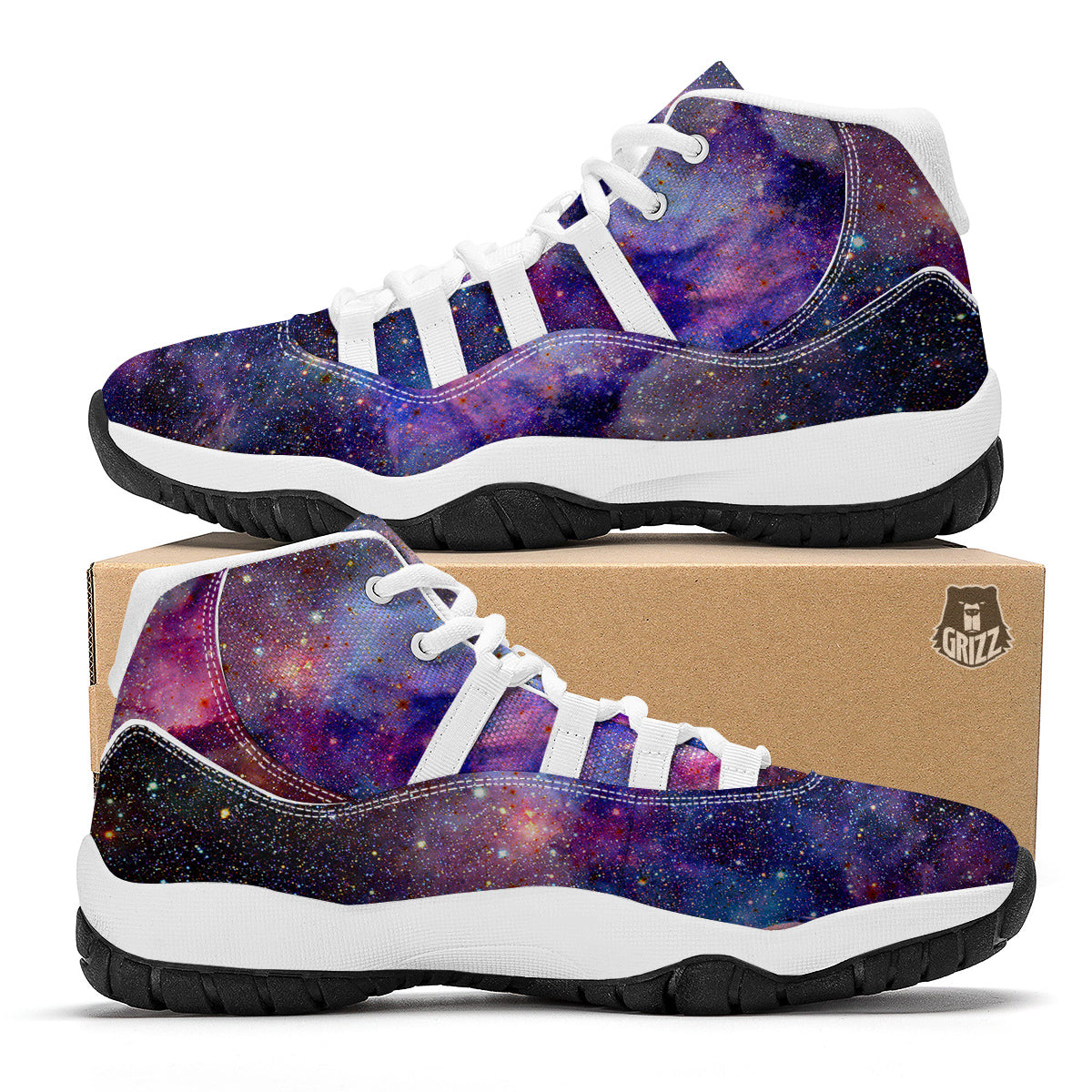 Space Galaxy Purple Stardust Print White Bball Shoes-grizzshop
