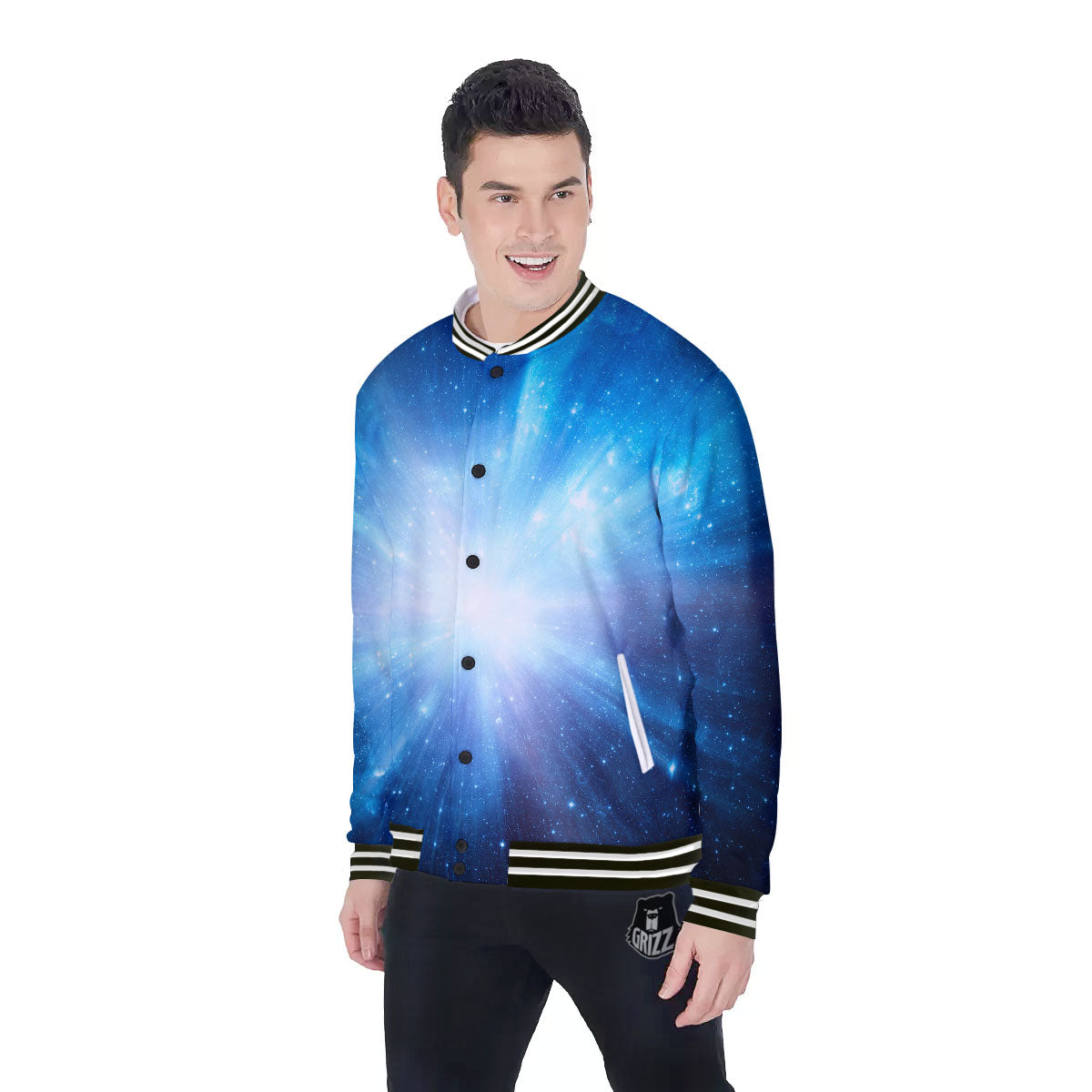Space Light Blue Print Baseball Jacket-grizzshop