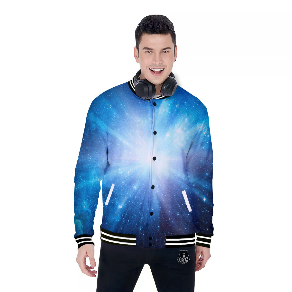 Space Light Blue Print Baseball Jacket-grizzshop