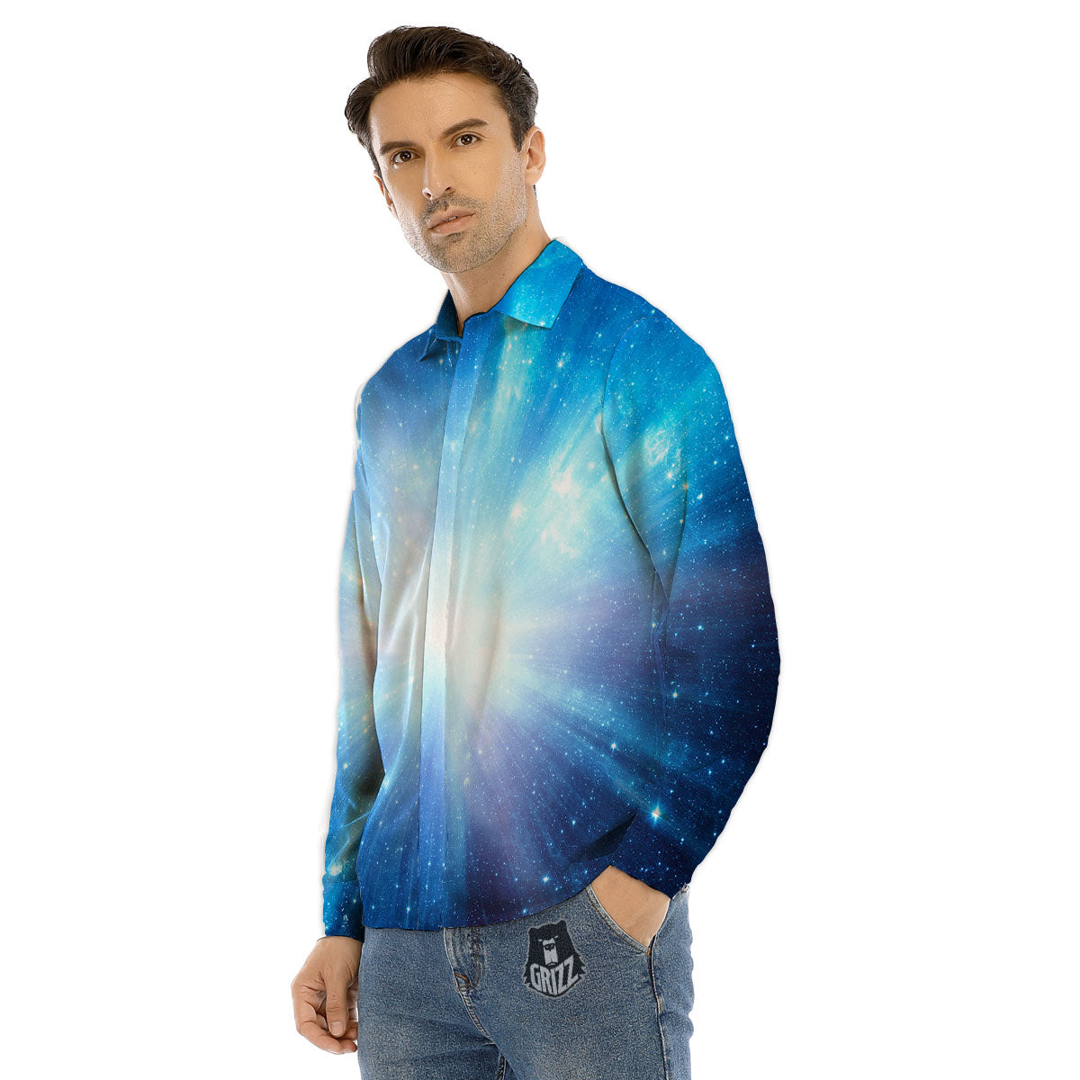 Space Light Blue Print Men's Dress Shirts-grizzshop