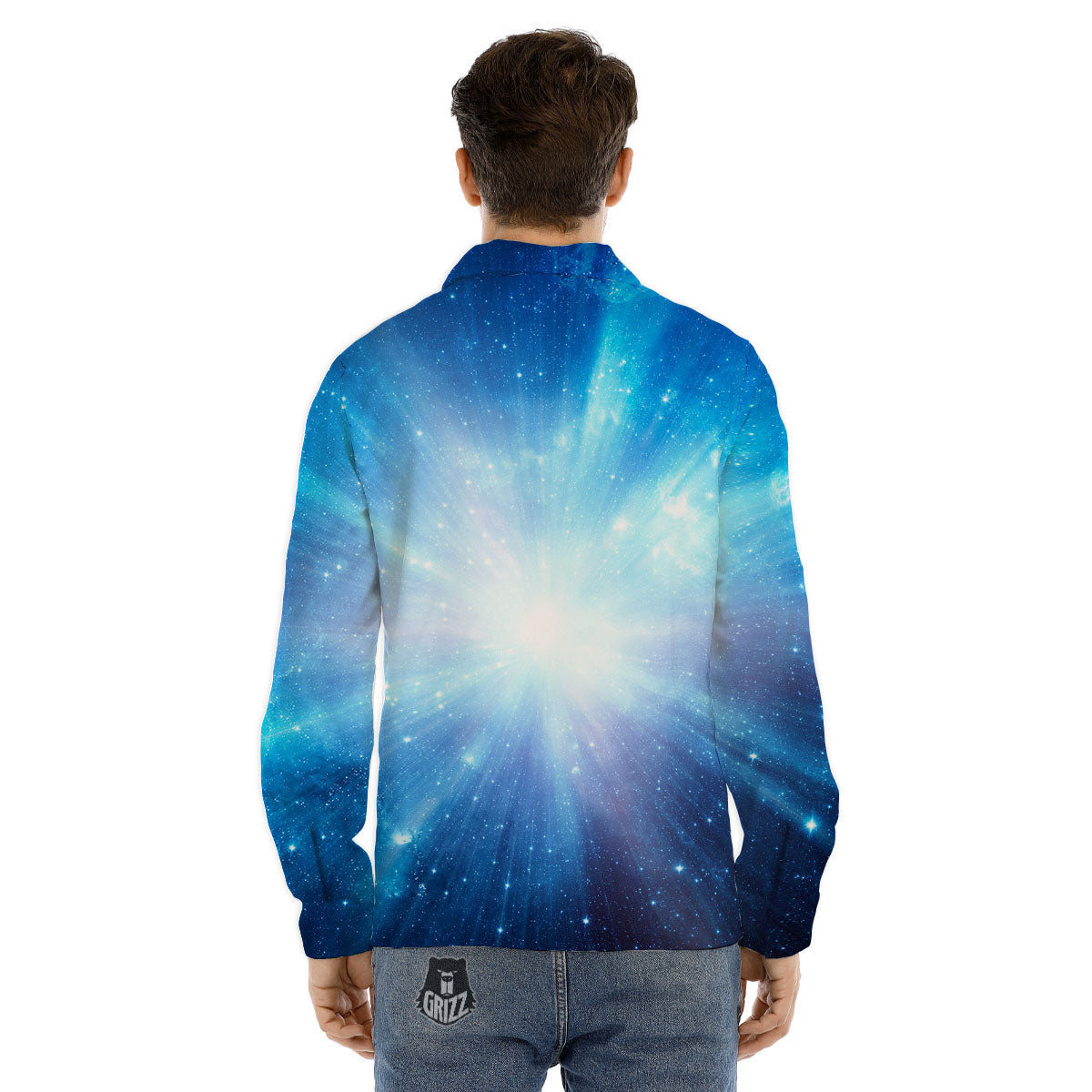 Space Light Blue Print Men's Dress Shirts-grizzshop