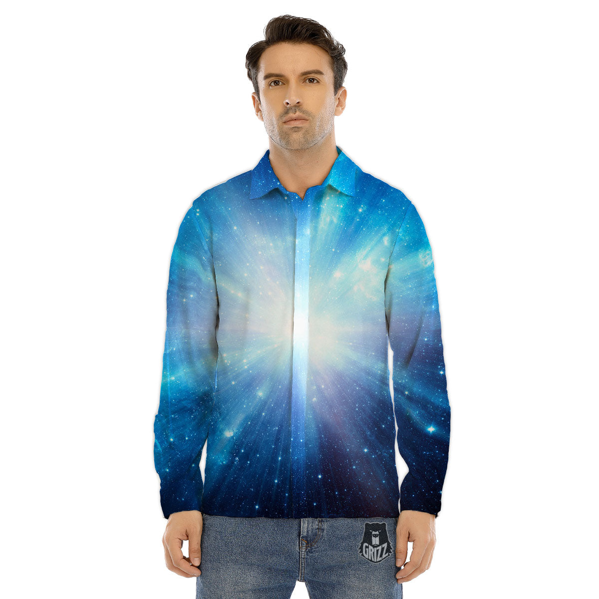 Space Light Blue Print Men's Dress Shirts-grizzshop