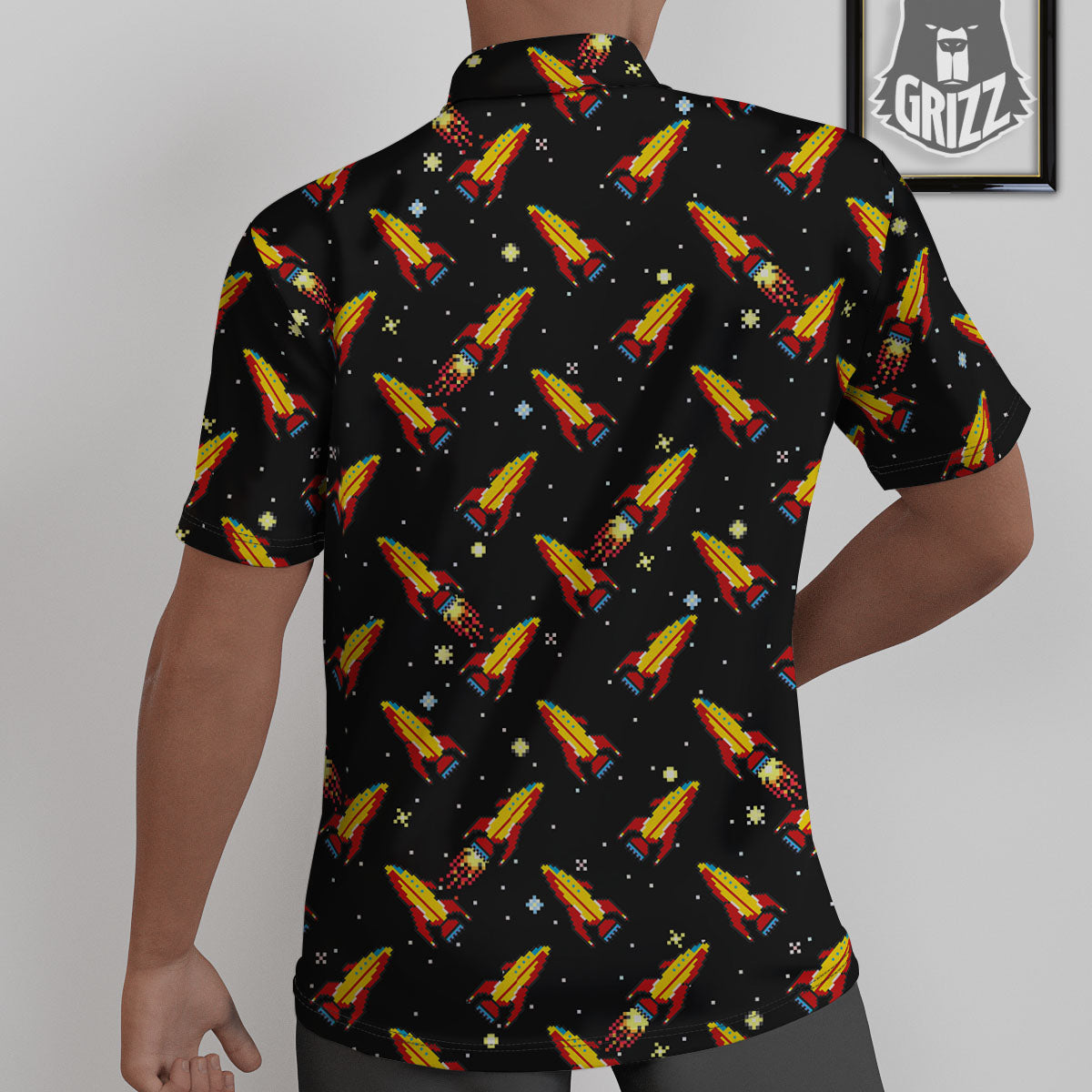 Spaceships Pixel Print Pattern Untucked Shirts-grizzshop
