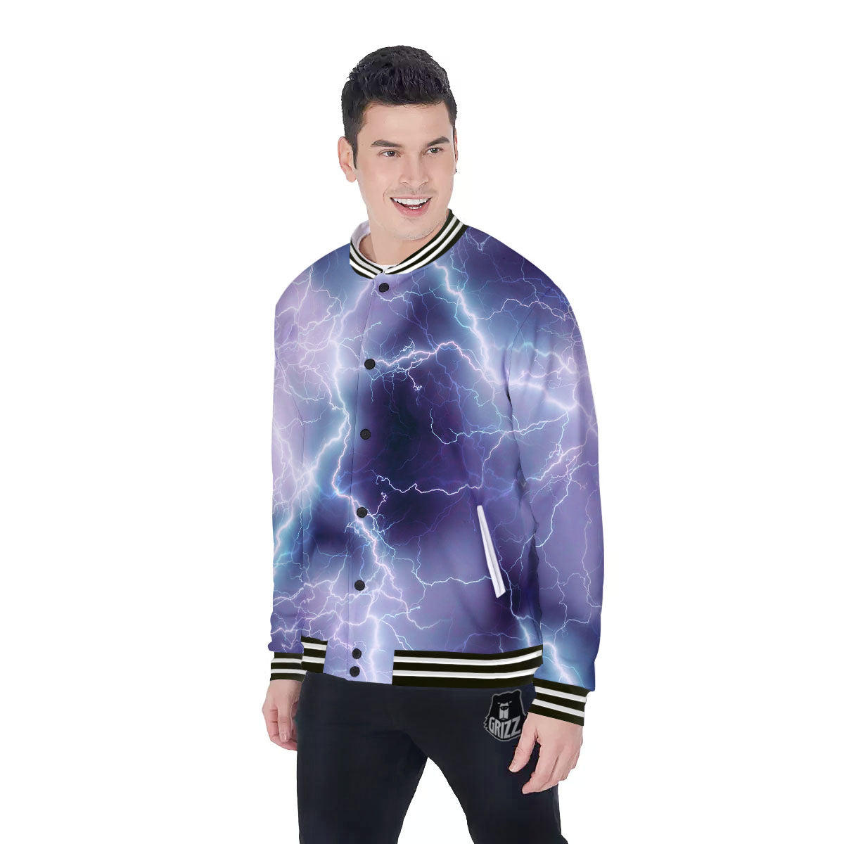 Spark Lightning Print Baseball Jacket-grizzshop