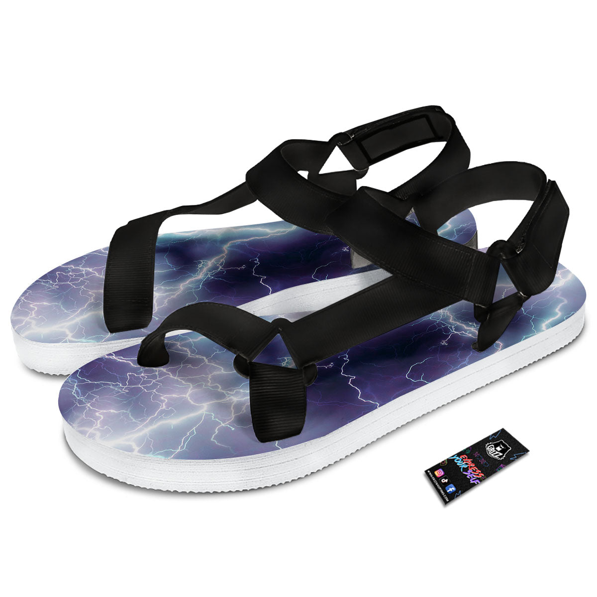 Spark Lightning Print Black Open Toe Sandals-grizzshop