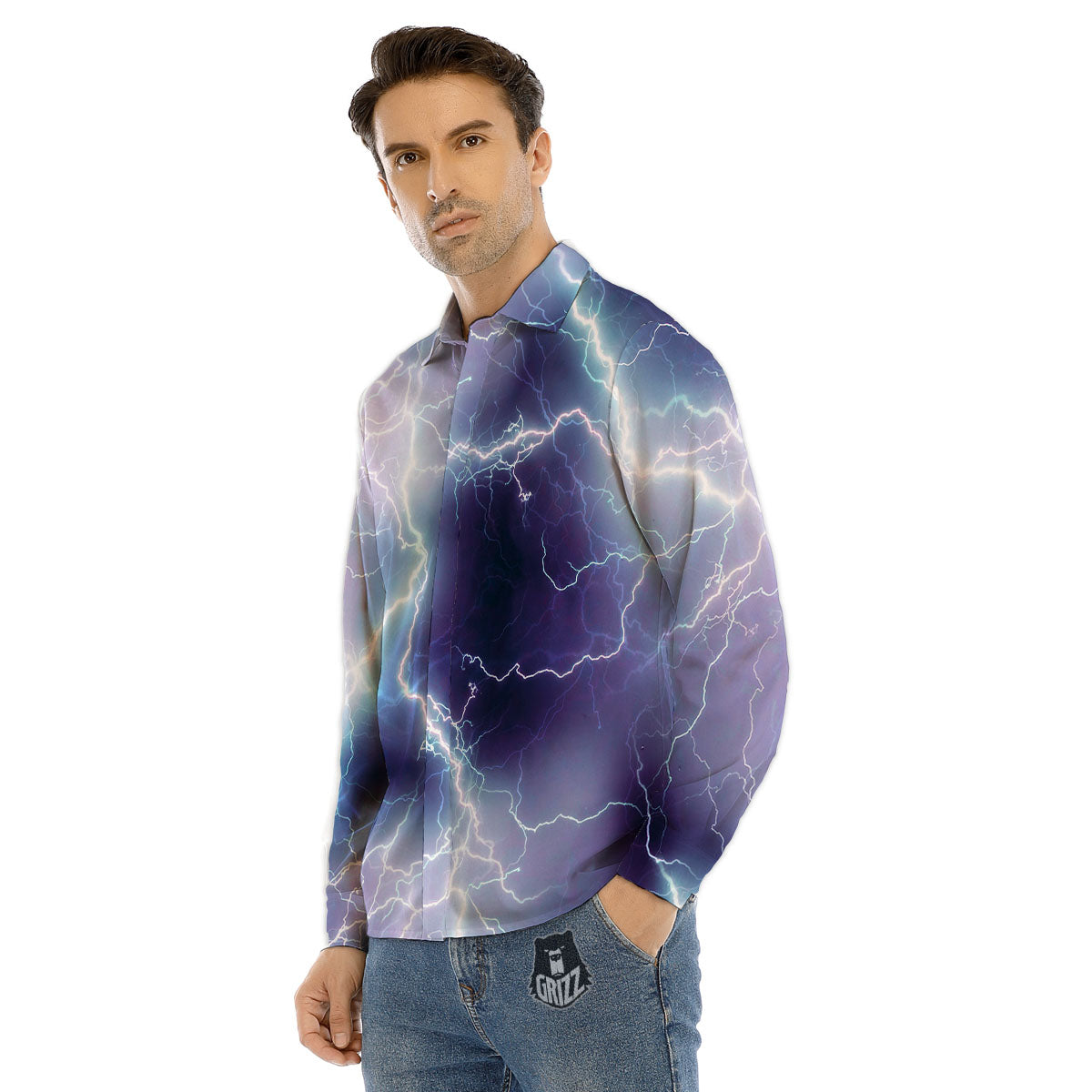 Spark Lightning Print Men's Dress Shirts-grizzshop