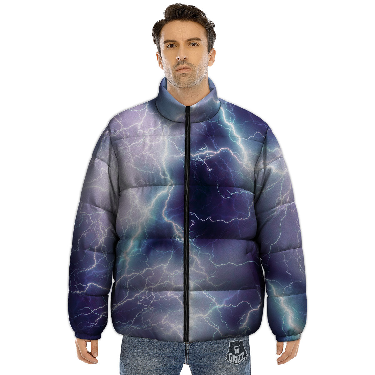 Spark Lightning Print Puffer Jacket-grizzshop