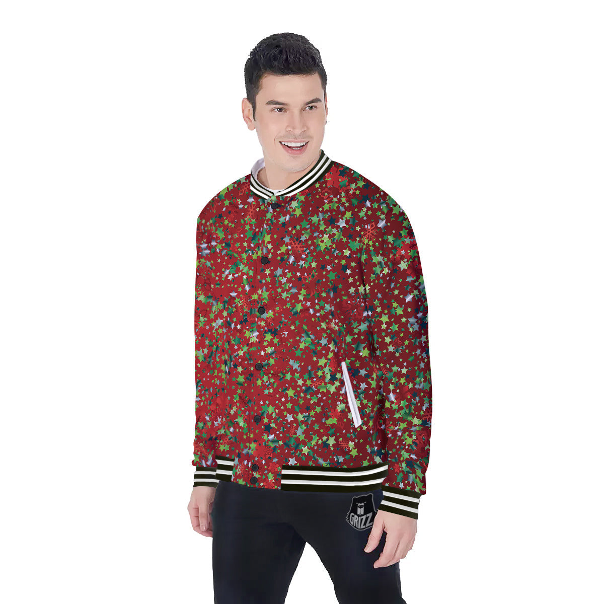Sparkle Christmas Print Baseball Jacket-grizzshop