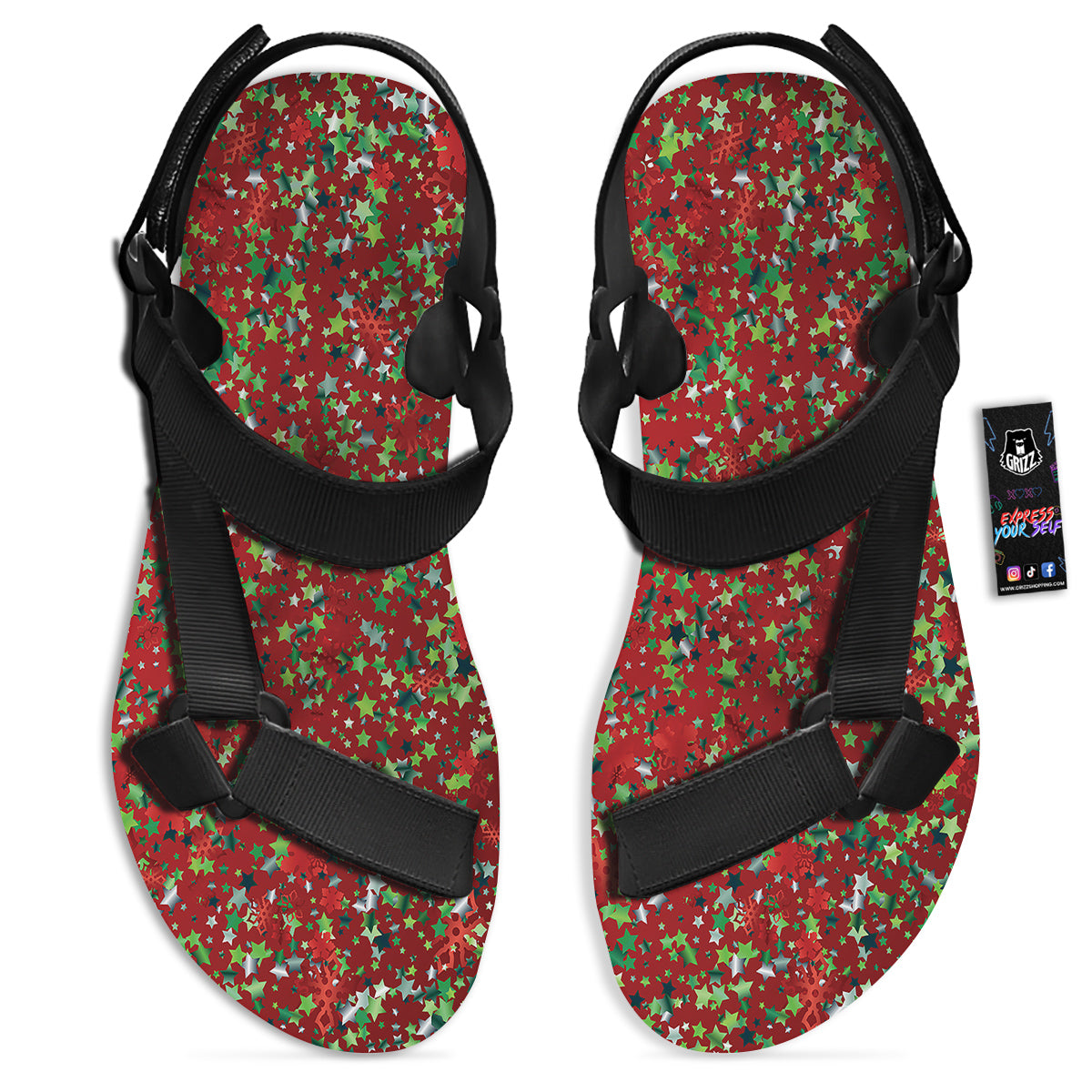 Sparkle Christmas Print Black Open Toe Sandals-grizzshop