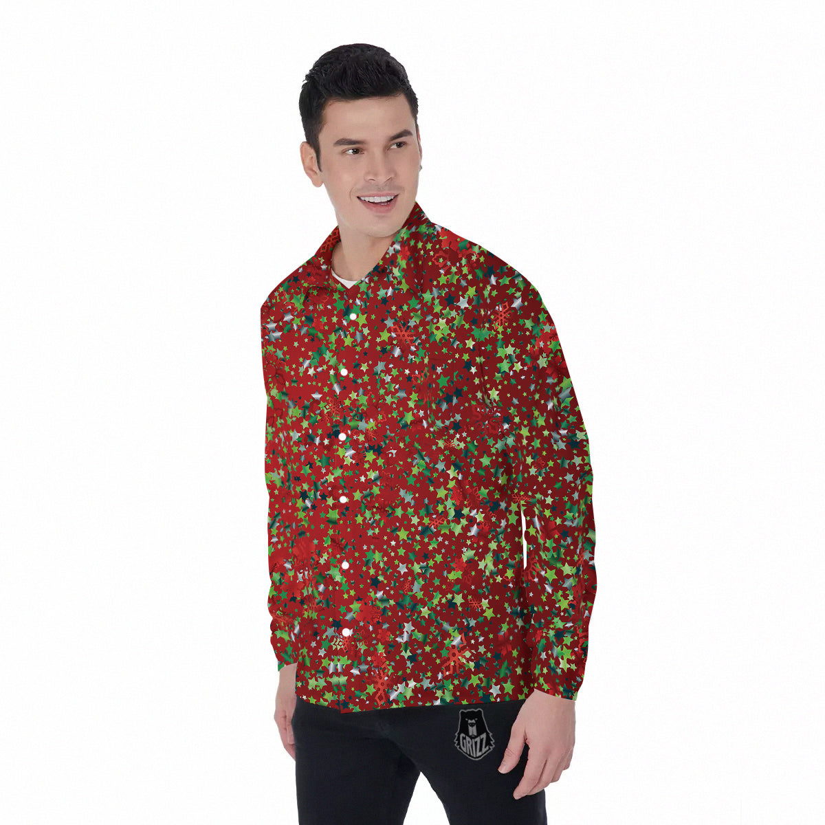 Sparkle Christmas Print Men's Long Sleeve Shirts-grizzshop