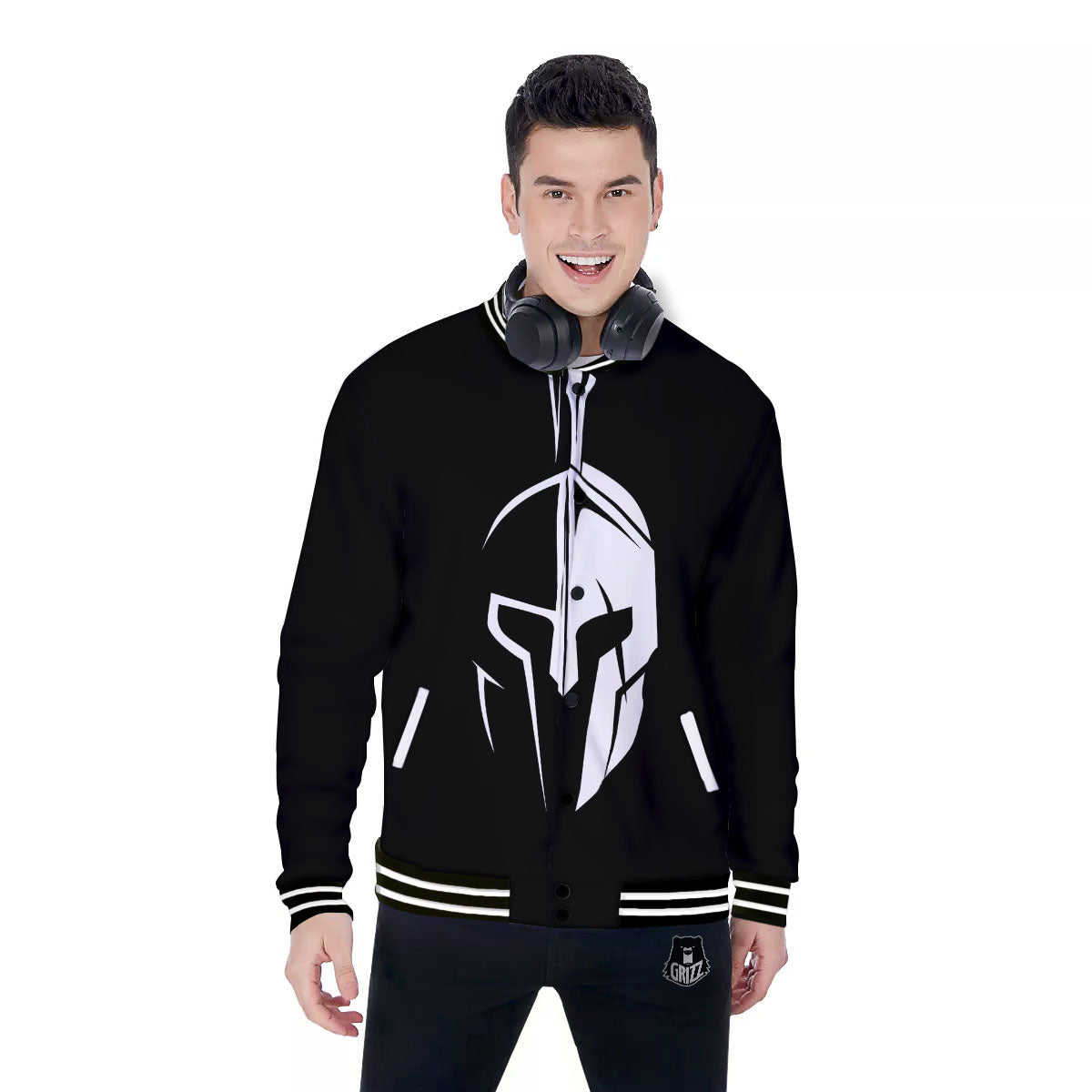 Spartan Helmet White And Black Print Baseball Jacket-grizzshop
