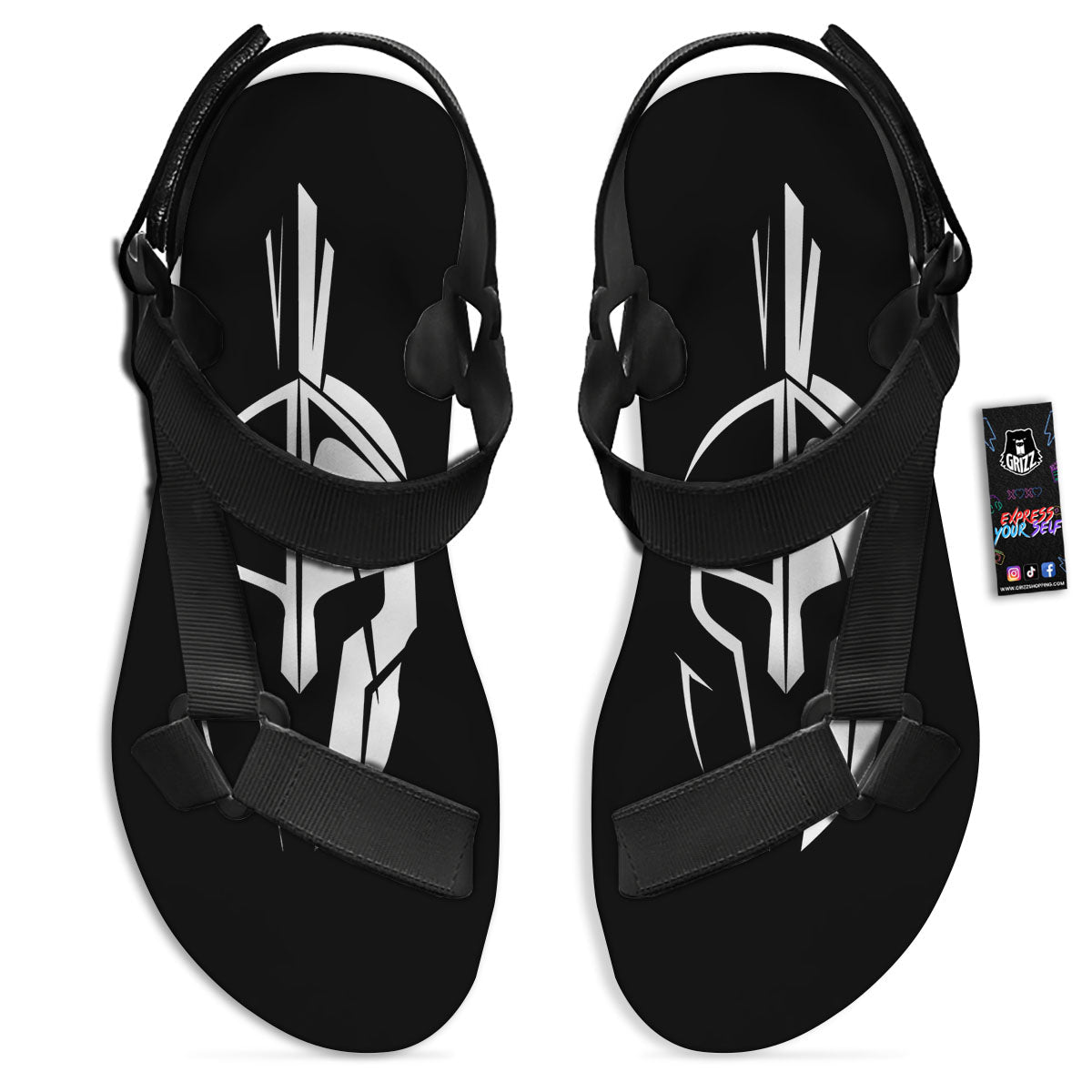 Spartan Helmet White And Black Print Black Open Toe Sandals-grizzshop
