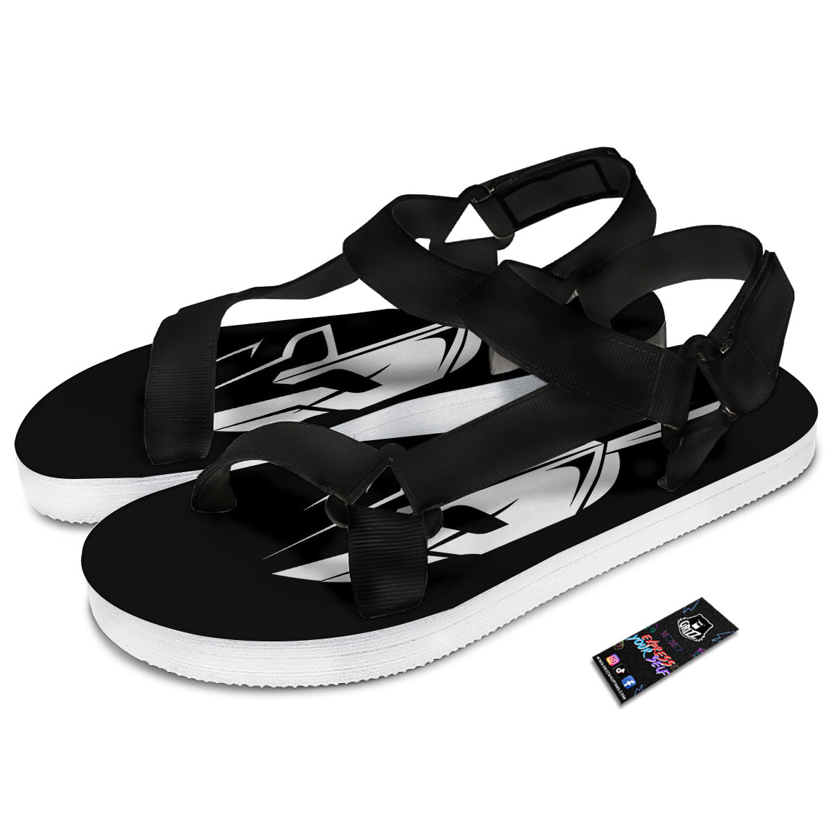 Spartan Helmet White And Black Print Black Open Toe Sandals-grizzshop