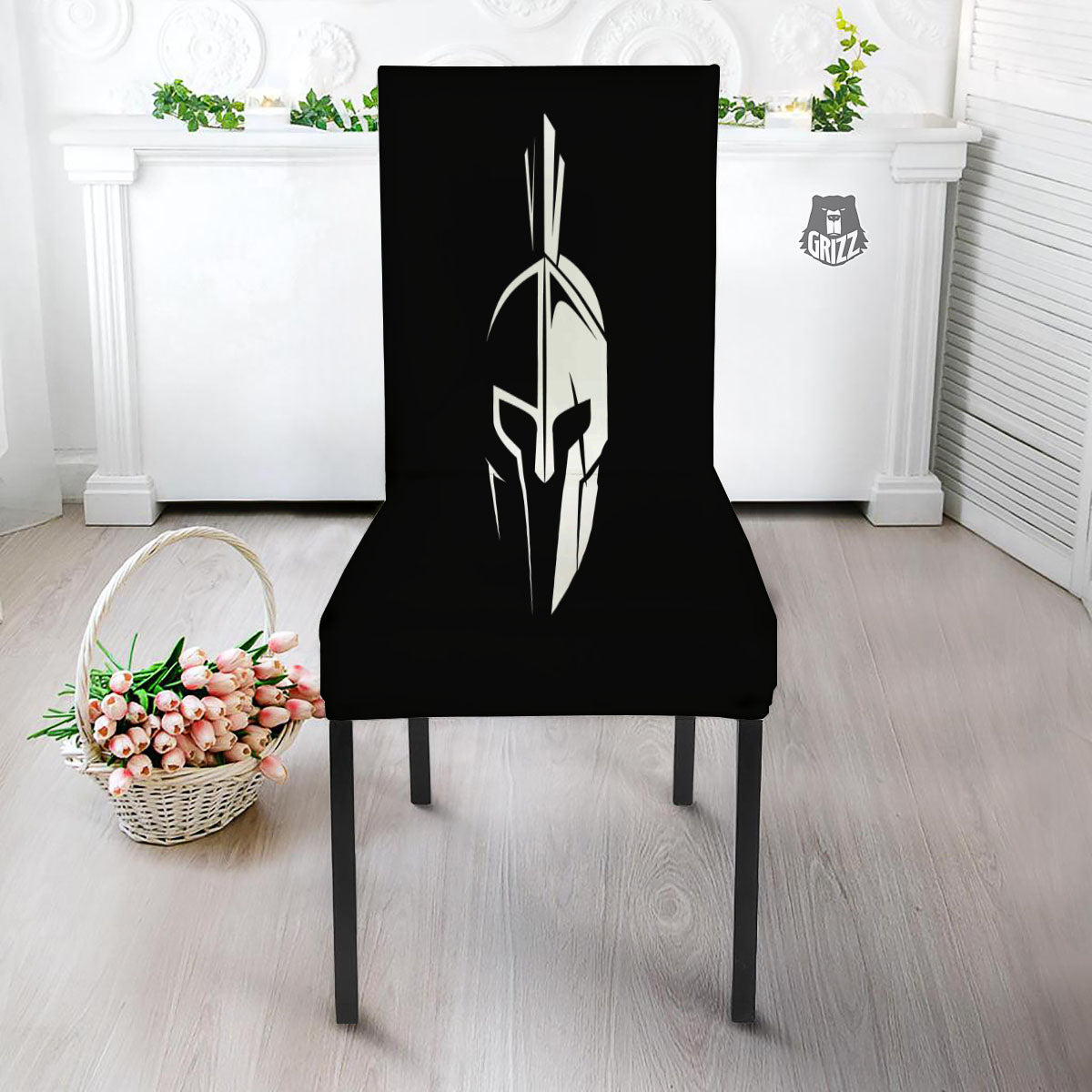 Spartan Helmet White And Black Print Dining Chair Slipcover-grizzshop