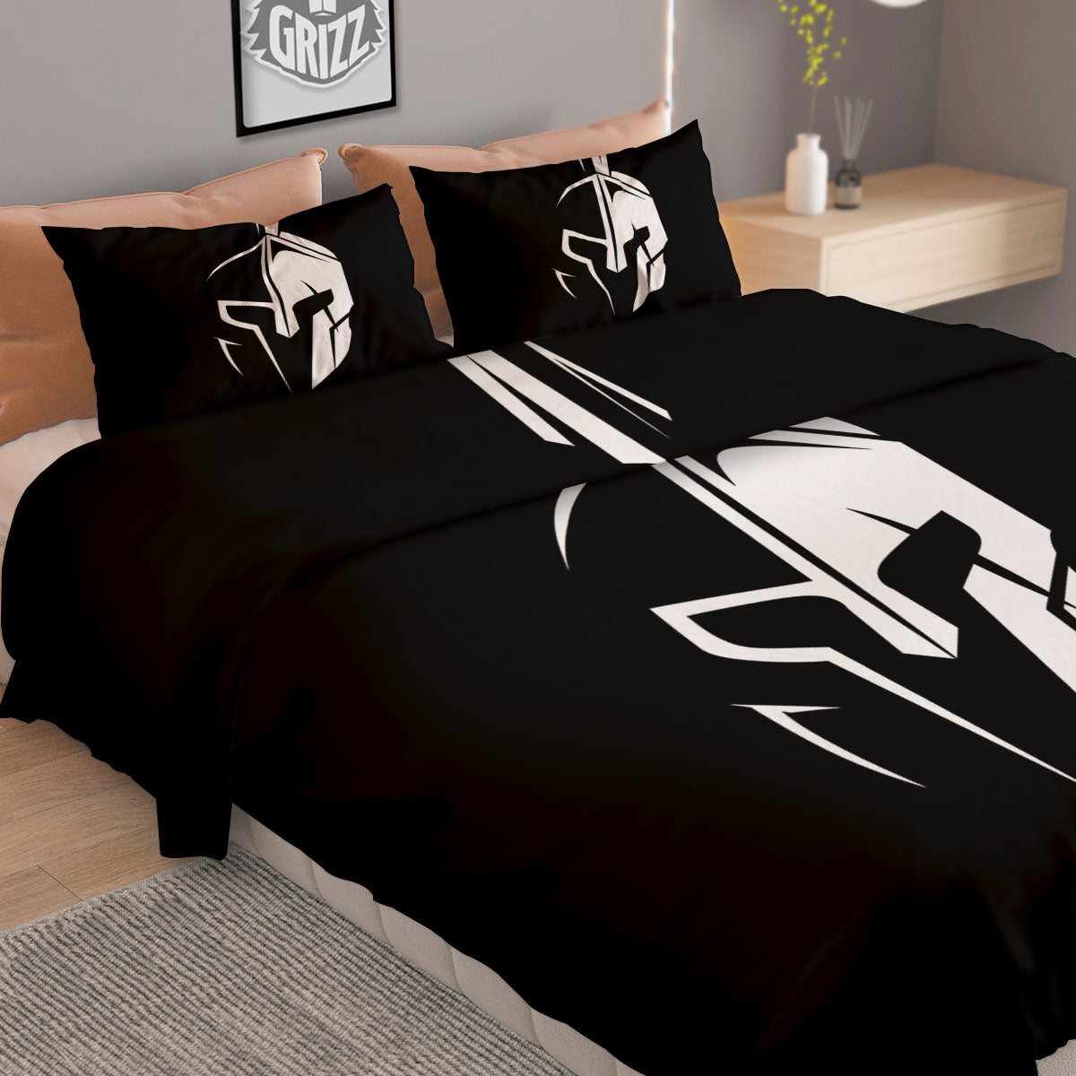 Spartan Helmet White And Black Print Duvet Cover Bedding Set