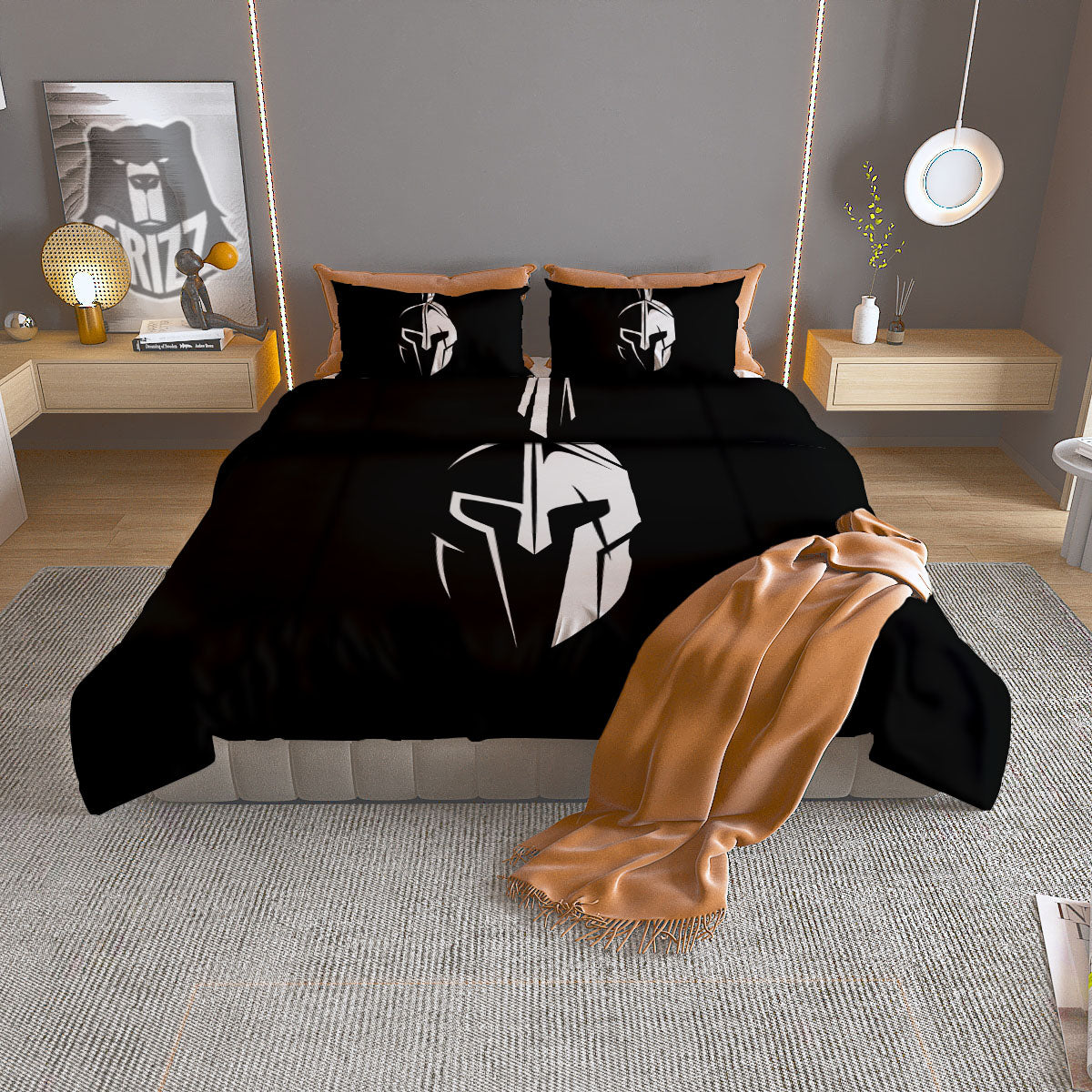Spartan Helmet White And Black Print Duvet Cover Bedding Set