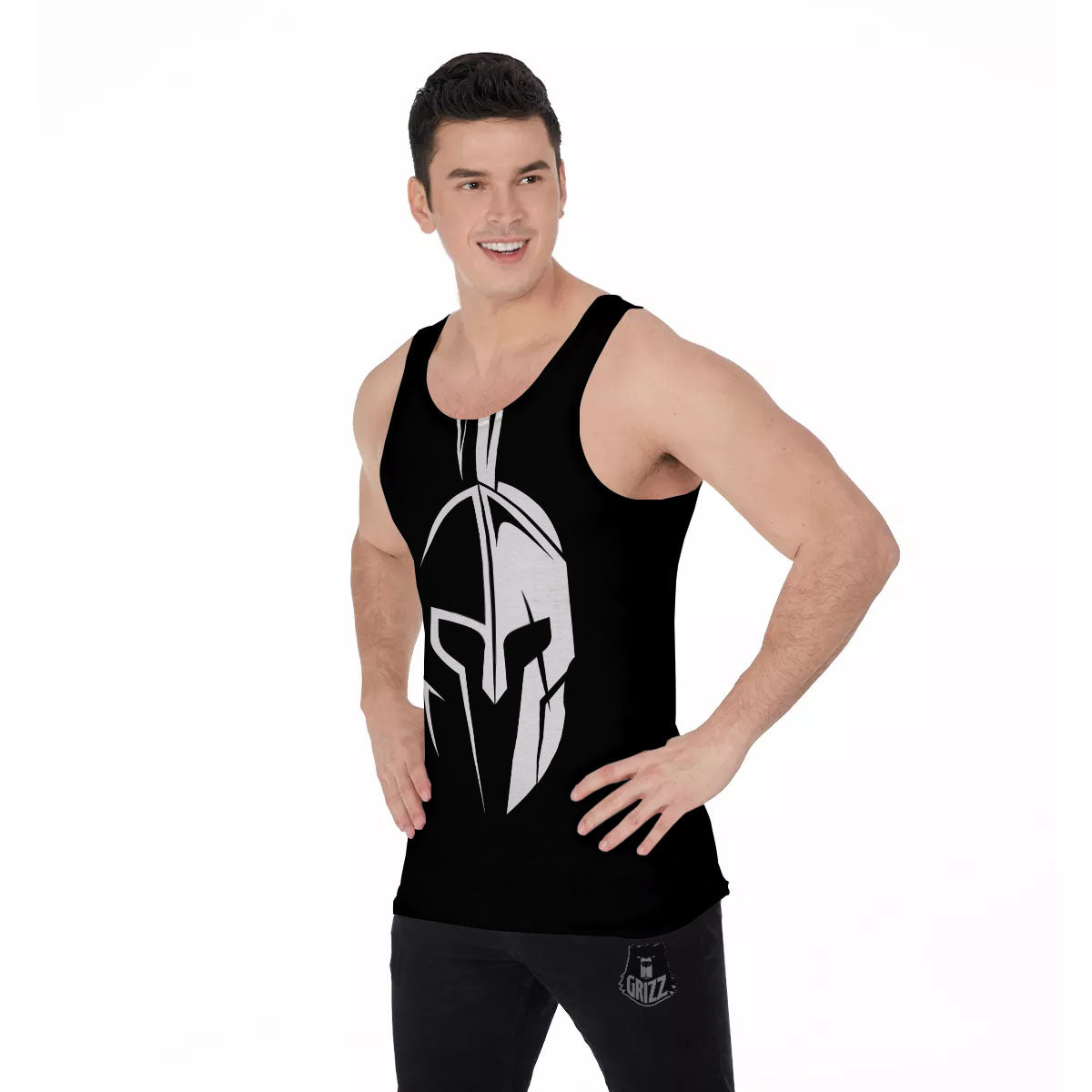 Spartan Helmet White And Black Print Men's Tank Top-grizzshop