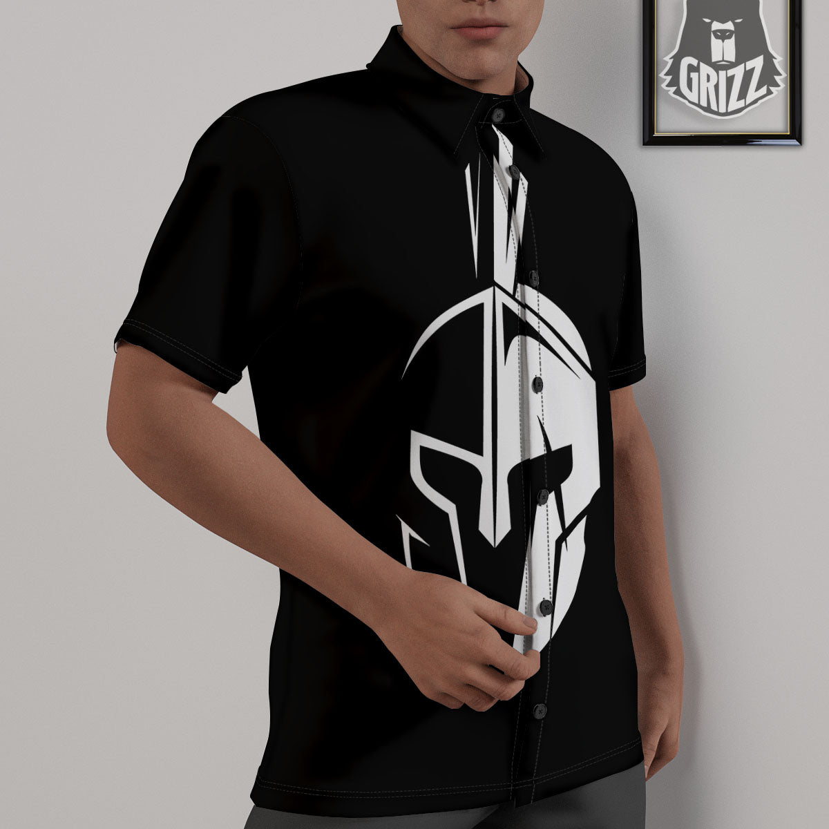 Spartan Helmet White And Black Print Untucked Shirts-grizzshop