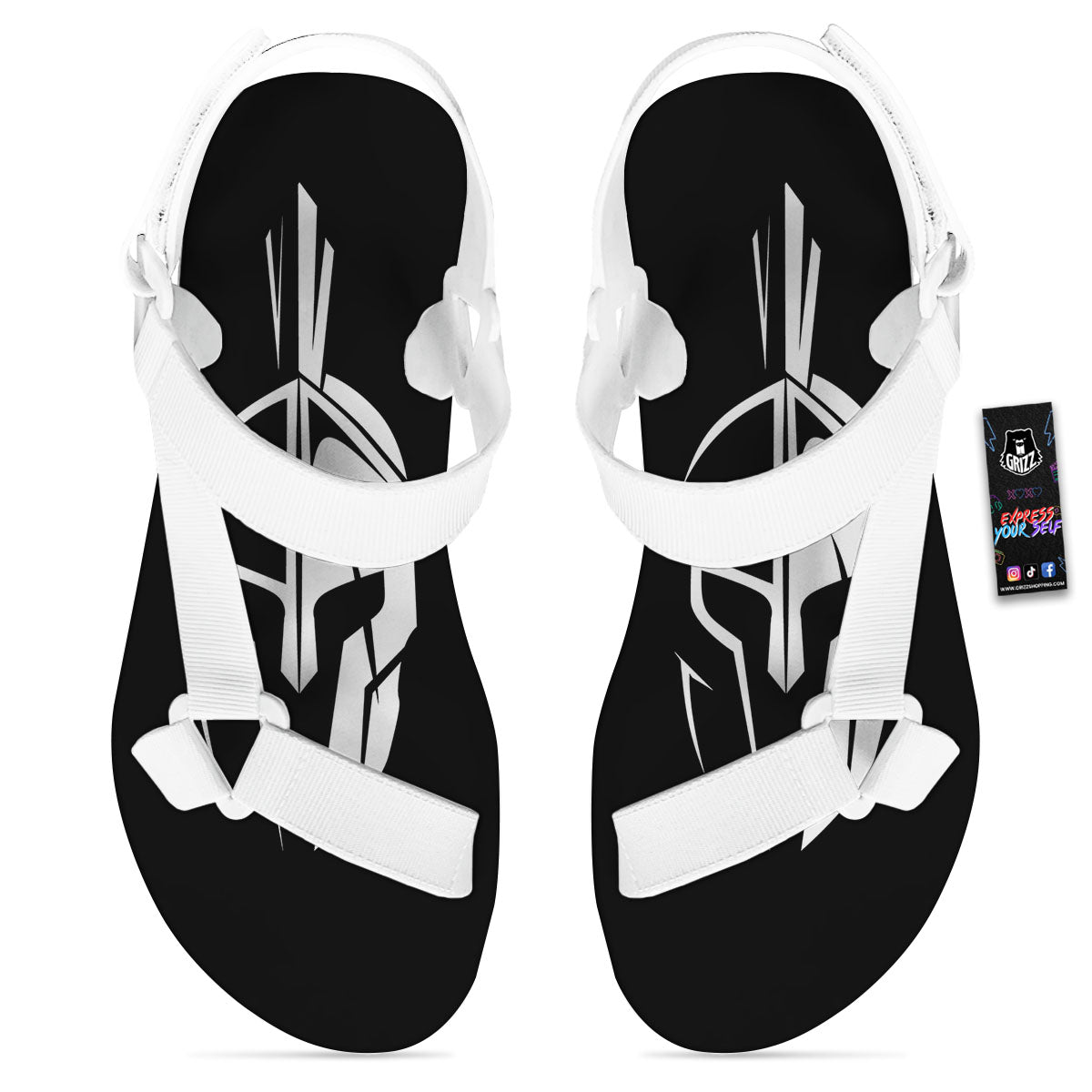 Spartan Helmet White And Black Print White Open Toe Sandals-grizzshop