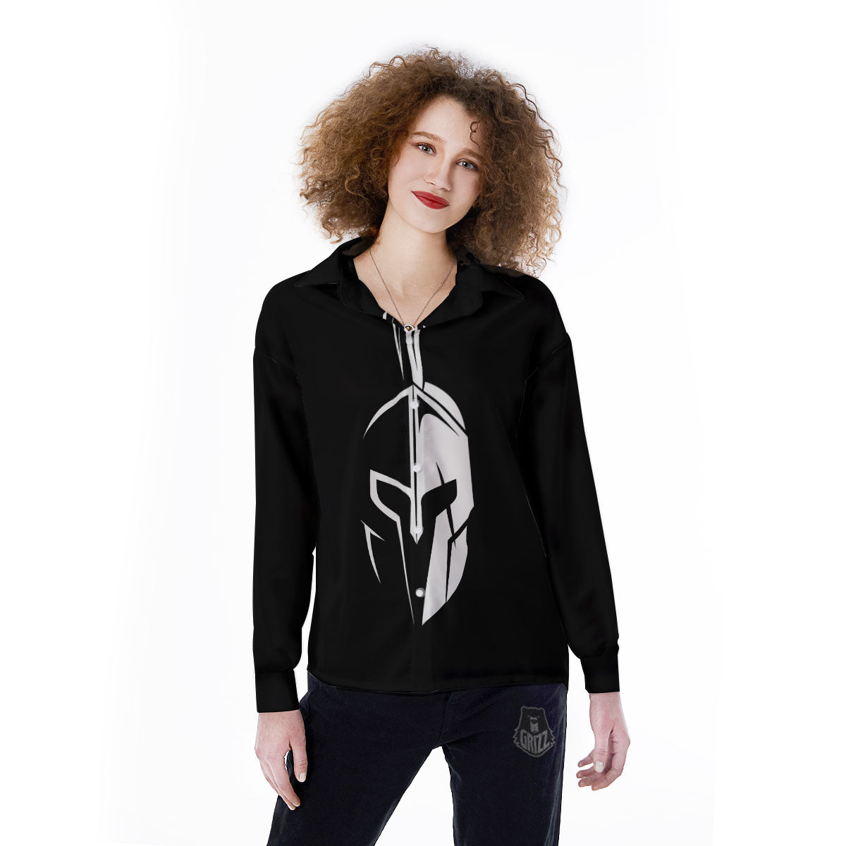 Spartan Helmet White And Black Print Women's Long Sleeve Shirts-grizzshop