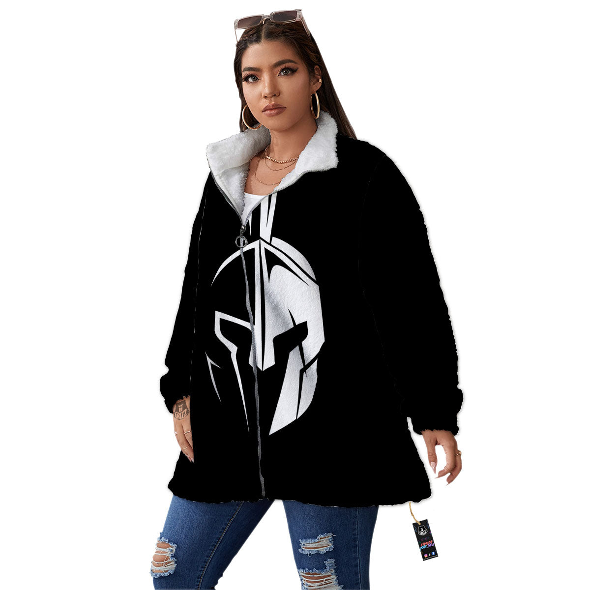 Spartan Helmet White And Black Print Women's Sherpa Jacket-grizzshop