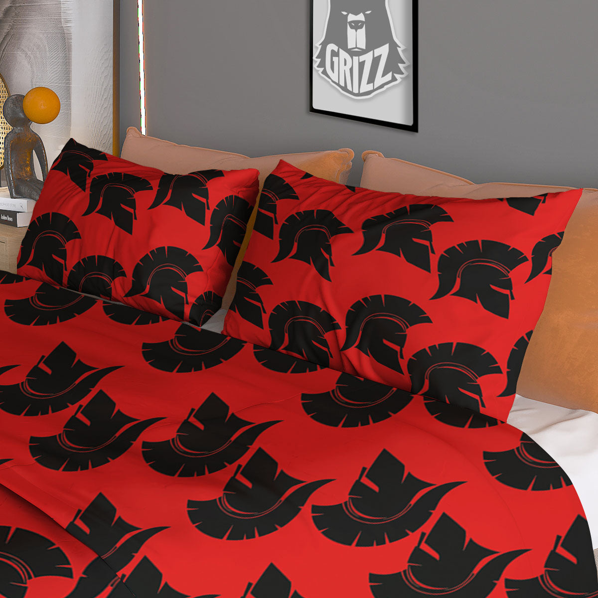 Spartan Red And Black Print Pattern Duvet Cover Bedding Set