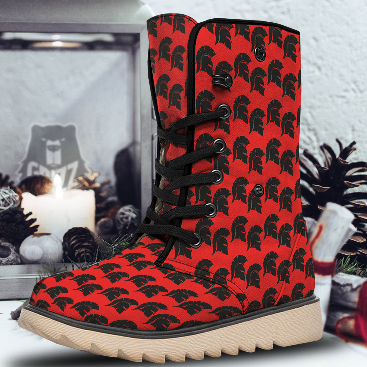 Spartan Red And Black Print Pattern Snow Boots-grizzshop
