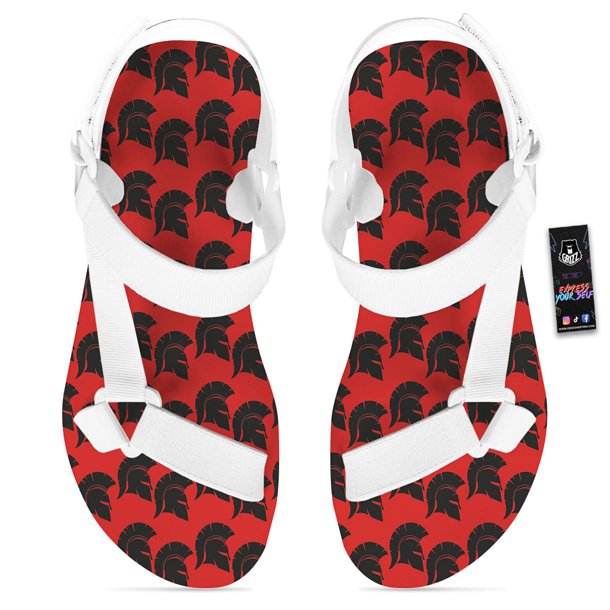 Spartan Red And Black Print Pattern White Open Toe Sandals-grizzshop